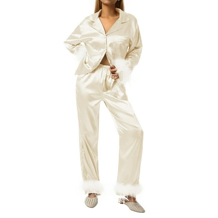 

xkwyshop Womens Silk Satin Pajamas Feather Decor Long Sleeve Loungewear Two-piece Sleepwear Button-Down Pj Set Champagne XL