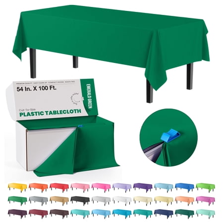 Exquisite 54 Inch. x 100 Ft. Emerald Green Plastic Tablecloth Roll Disposable table cover With Built In Slide Cutter