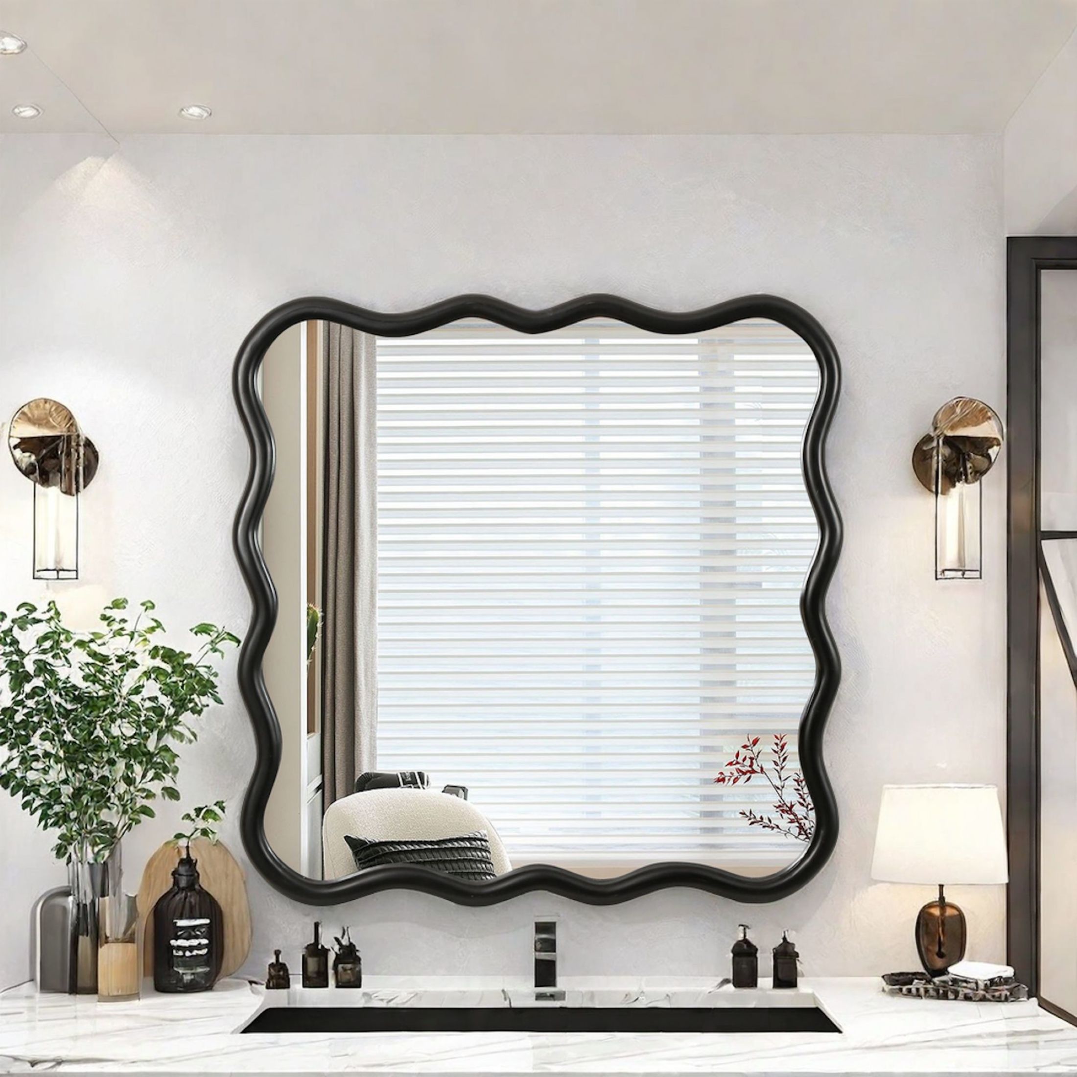 Noble House Wavy Square Solid Wood Mirror, Modern Wall Decor for Bathroom, Bedroom or Entryway, Black