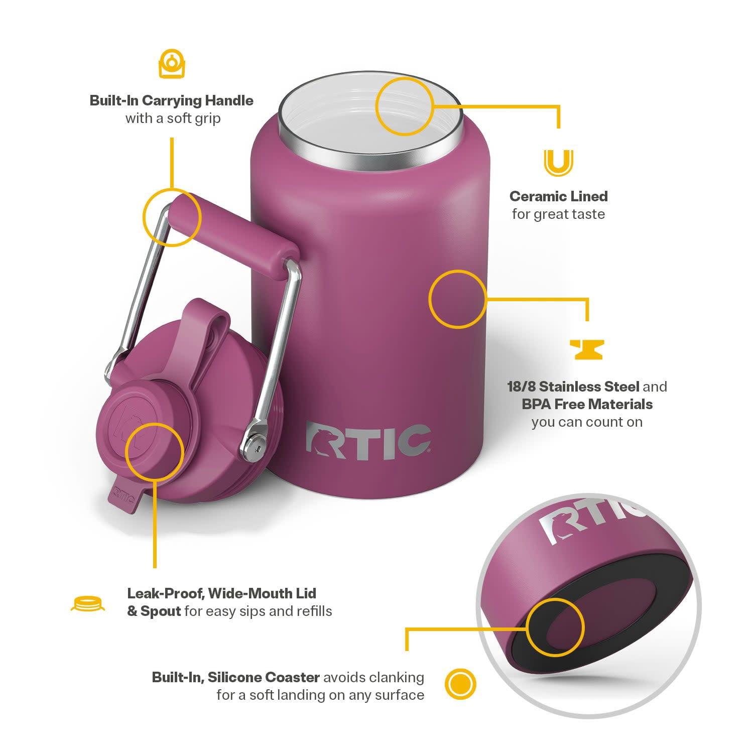 RTIC Half Gallon Ceramic Lined Insulated Outback Water Bottle Jug, Leak Proof, Orchid