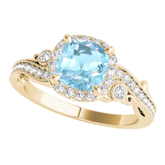 Mauli Jewels Women's 1.50 Carats Cushion Cut Aquamarine and Diamond Ring in 10K Yellow Gold