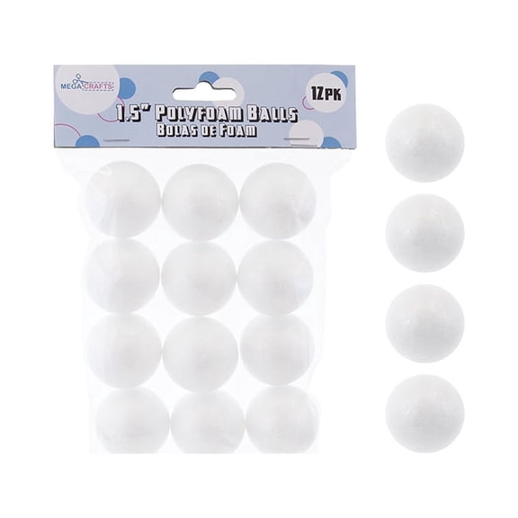 Mega Crafts - 12 Pcs Poly Craft Foam 1.5'' Inch Ball | Durable, Solid Polystyrene Balls For Arts & Crafts, Ornaments, School Projects, Knitting & Party Favors | For Kids, Teachers & Artists
