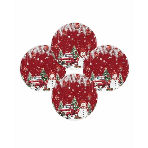 Christmas Round Placemats Set of 4 Snowman Christmas Balls Place Mats Washable Woven Placemat Red Truck Pine Needles Red Circle Braided Table Mat for Kitchen Dining Table Party Home Decor 15 Inch