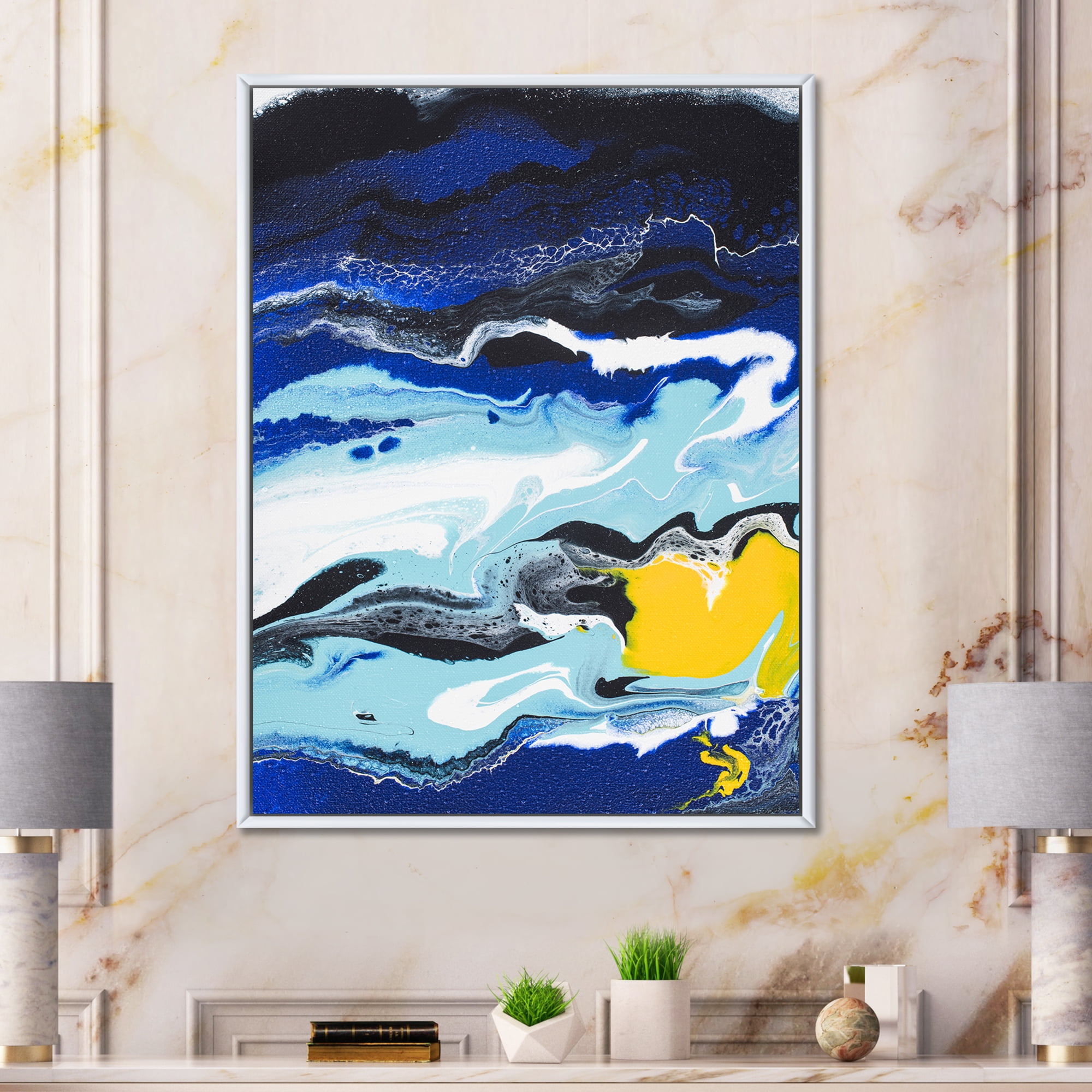 Designart 'Abstract Composition In Blue and Yellow VIII' Modern Framed Canvas Wall Art Print