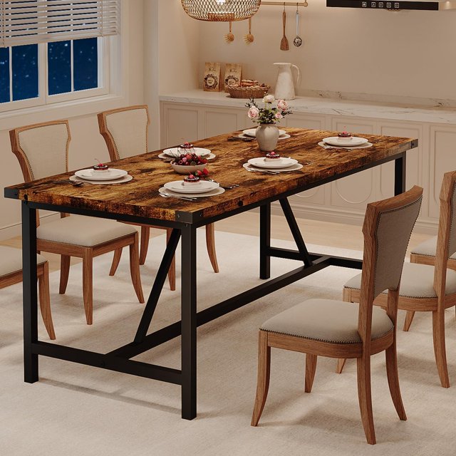BeesClover Dining Table for 6 with Corner Iron Protectior, 71Inch Rectangular Wood Kitchen Table with H-Heavy Duty Metal Legs, Industrial Dining Table for Dining Room