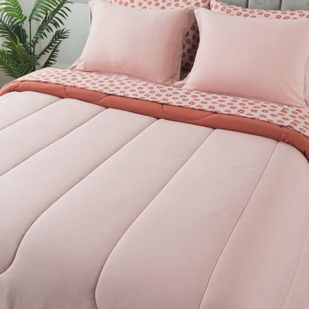 MAINSTAYS 7-PIECE REVERSIBLE BED IN A BAG COMFORTER SET WITH SHEETS, PINK, KING