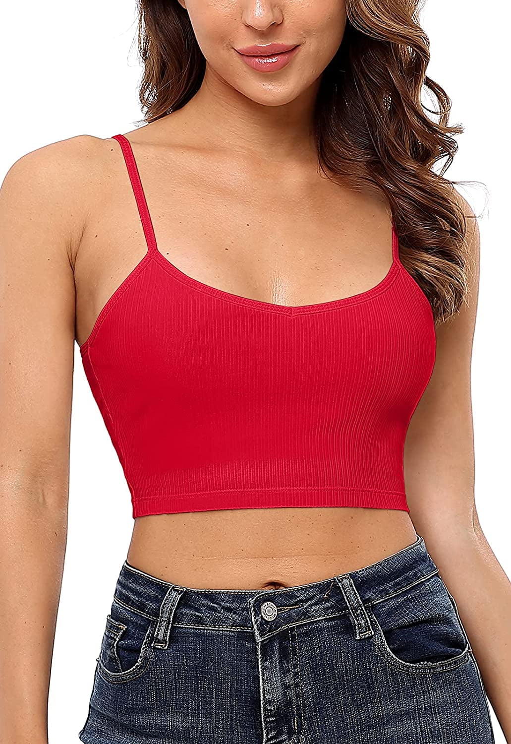 Womens Casual Ribbed Tank Tops Slim Fit,Crop Camisole with Built-in Shelf Bra