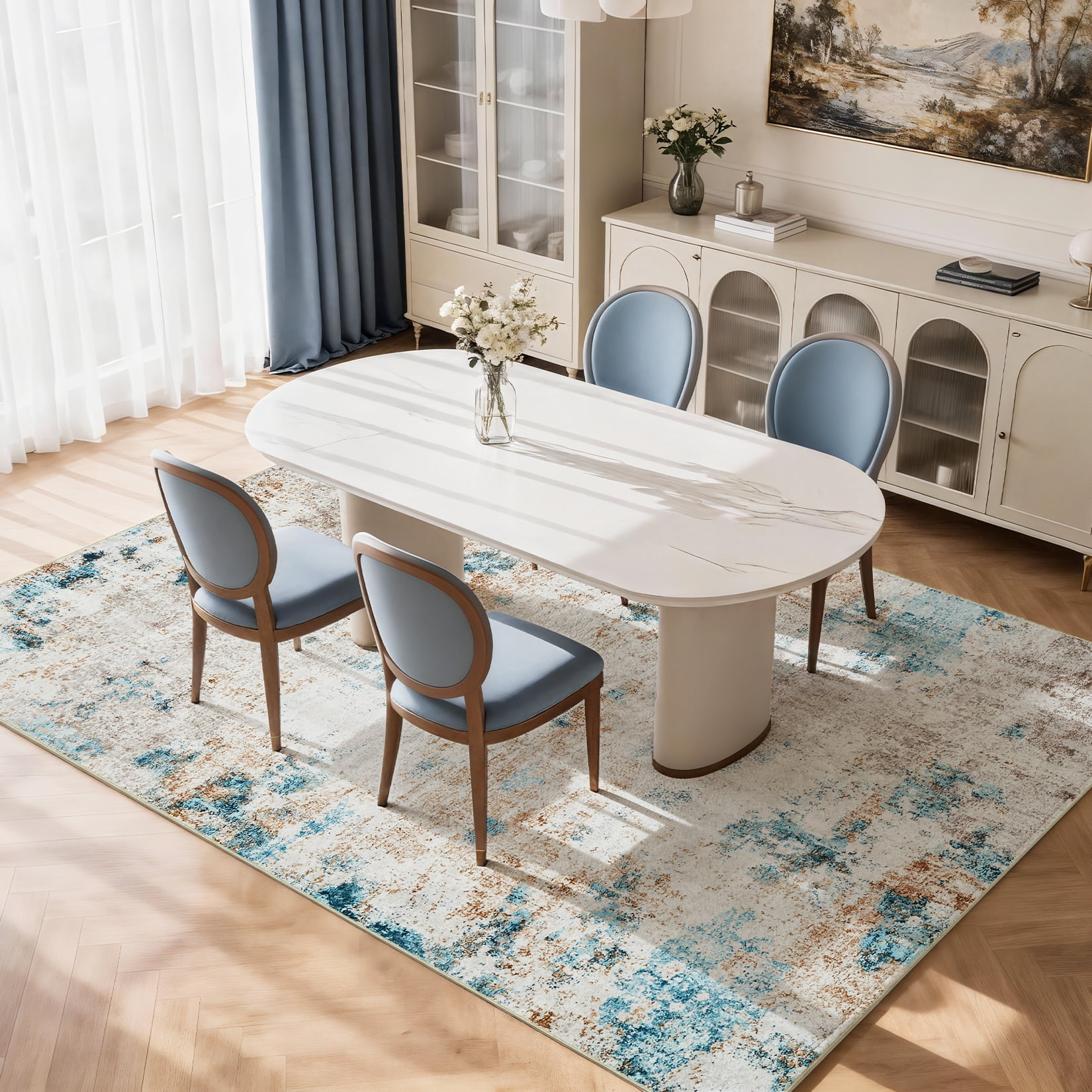 Toyoso 5x7 Machine Washable Area Rug, Modern Abstract Marble Soft Polyester Rug, Non-Slip Living Room Bedroom Carpet, Farmhouse Contemporary Indoor Rug, Cream Blue