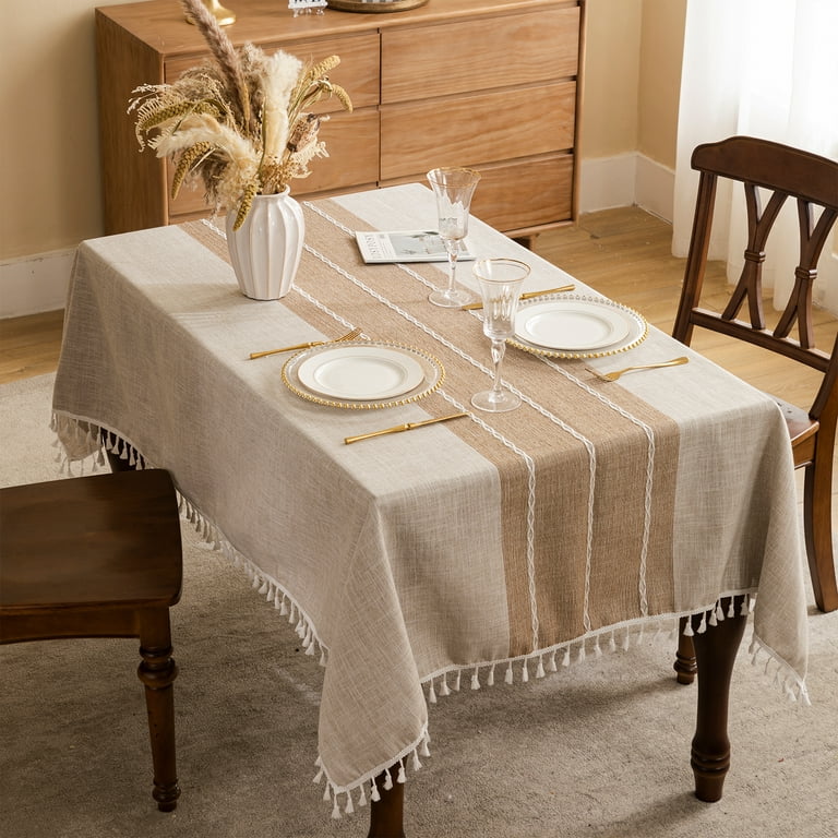 HBlife Burlap Rectangle Tablecloth with Tassel, Cotton Linen Rustic Tablecloths for Rectangle Tables, Farmhouse Table Cloths for Kitchen Dinning Party