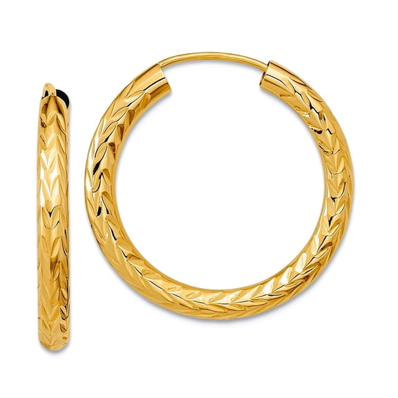 10k Solid Yellow Gold Polished and Sparkle-Cut Endless Hoop Earrings 25x25mm Wide 3mm Thick Hoop Earring for Women