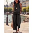 thumbnail image 4 of Women's Linen 2 Piece Outfits Sleeveless Ruffle Top Wide Leg Pants Summer Loungewear Beach Sets Black S, 4 of 8