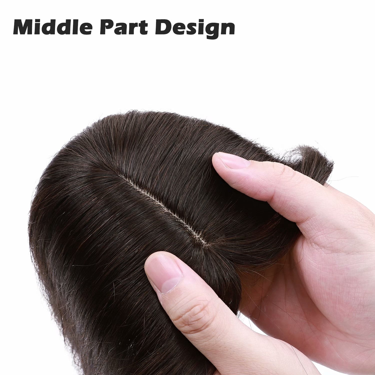 Benehair 100% Real Remy Human Hair Extensions Silk Base Clip In Topper Toupee Hairpiece With Bangs for Women Hair Loss Brown