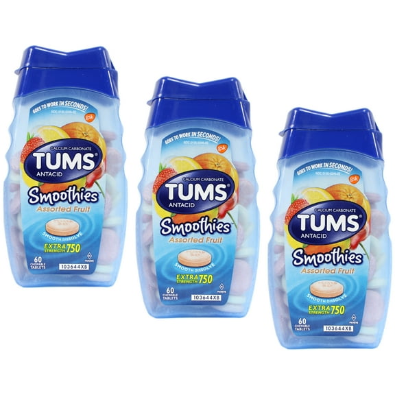 3 Pack - TUMS Smoothies Antacid/Calcium Supplement, Assorted Fruit, 60 Each