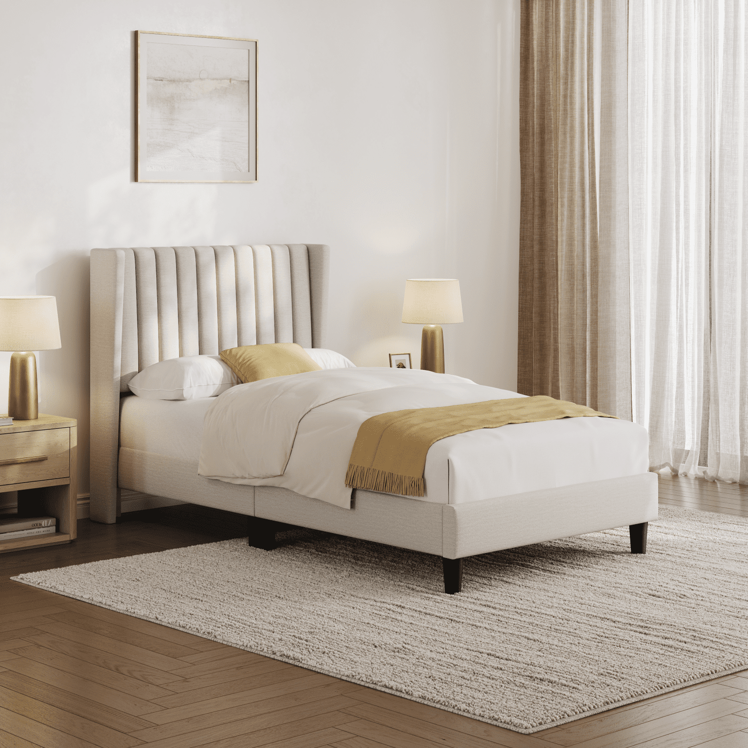 Renwick Twin Upholstered Bed Frame with Tufted Headboard, Ivory