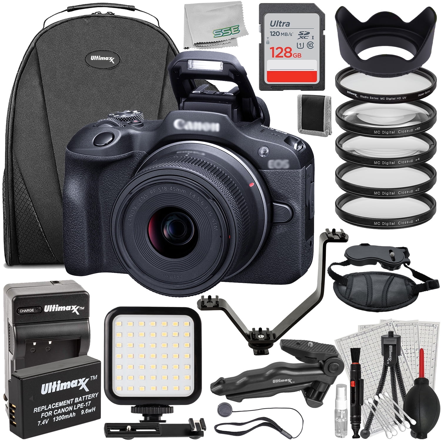 Ultimaxx Advanced Canon EOS R100 Mirrorless Camera (International Model) with 18-45mm Lens Bundle - Includes: 128GB Ultra Memory Card, 4PC Close-Up Filter Kit, UV Filter & More (33pc Bundle)