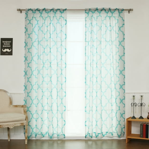 Quality Home Faux Sheer Gauzy Linen Reverse Moroccan Print Curtain - 52" x 96" - Blue (Set of 2 Panels)