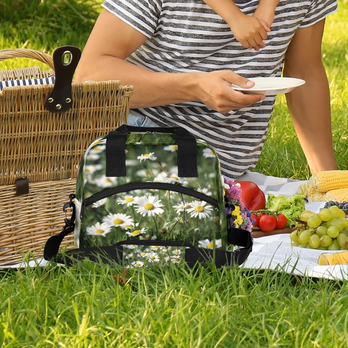 Herdesigns Daisy Insulated Lunch Bag for Women Men Adults Large Reusable Lunch Box Floral Leakproof Cooler Tote Bags with Adjustable Shoulder Strap