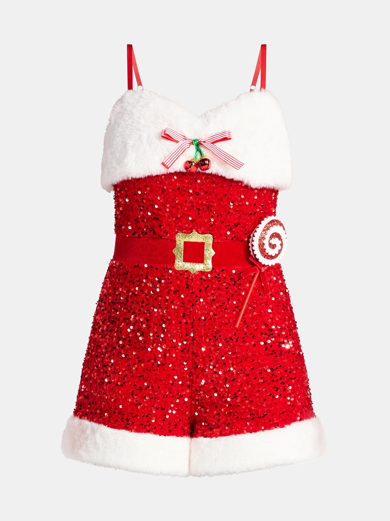 No Boundaries Christmas Santa Romper with Faux Fur Trim, Women’s