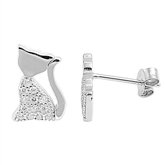 Animal Tiny Studded Cat Silhouette Clear Cubic Zirconia .925 Sterling Silver Earrings Jewelry Female