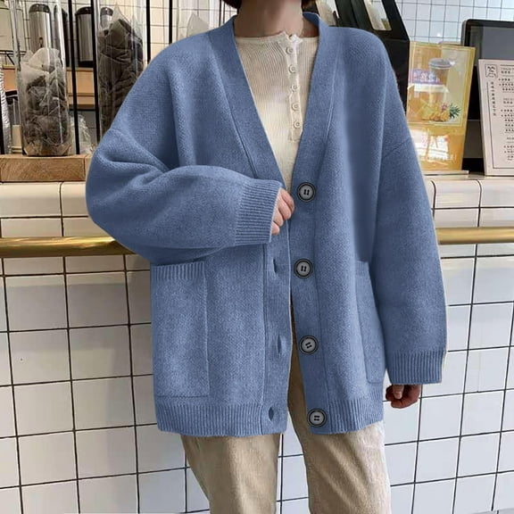 IROINNID Women's Casual Mid-Length V-Neck Solid Color Cardigan Long Sleeve Breathable Loose Tops, Blue