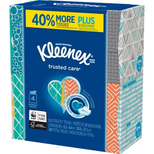 Kleenex Trusted Care Tissues 2 Ply - 8.20' x 8.40' - White - Soft, Strong, Absorbent, Durable - For Home, Office, School - 70 Per Box - 280 / Pack