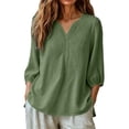 thumbnail image 6 of Smsaxvxz Womens Embroidered Cotton Linen Shirts Summer Fashion V Neck 3/4 Sleeve Casual Solid Loose High and Low Hem Blouse Tops Green 01 M, 6 of 8