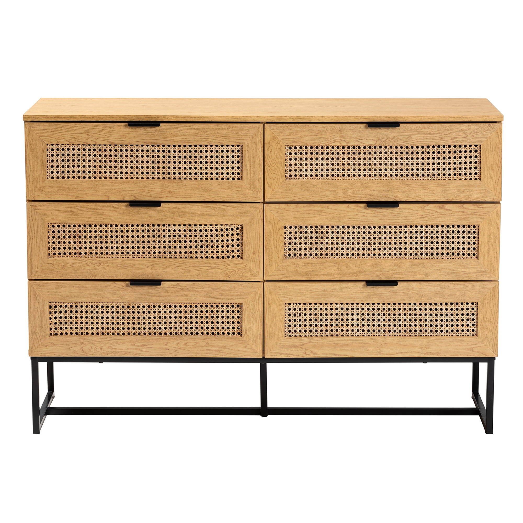 Baxton Studio Sawyer Mid-Century Modern Industrial Oak Brown Finished Wood and Black Metal 6-Drawer Storage Cabinet with Natural Rattan