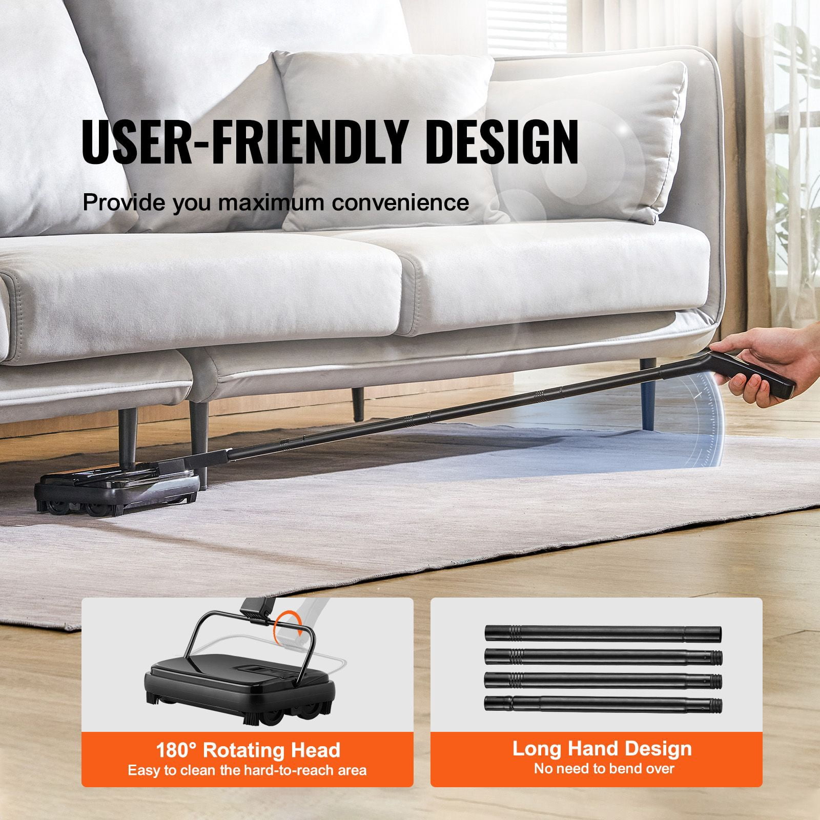Manual Carpet Sweeper, No Electricity or Batteries, Roller Brush with 4-Wheel Design, 180° Rotating Head, Easy Empty Clasp, Lightweight for Hard Floors and Carpets