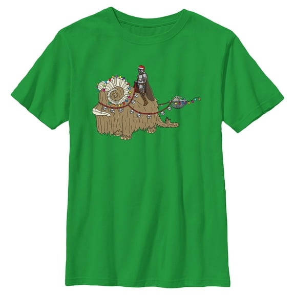 Boy's Star Wars: The Mandalorian Christmas Lights Bantha Graphic Tee Kelly Green Medium