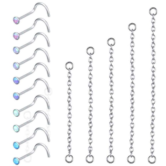 Zs 15Pcs/Set Nose Chain Piercing Across Nose Stud Mix Color Opal Nose Bone/L Shaped/Corkscrew Nose Rings