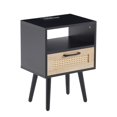 thumbnail image 5 of GZXS Nightstand with Charging Station, Boho Bedside Table with USB Ports & Power Outlets, Rattan Drawer & Open Shelf, Solid Wood Legs, Small Space End Table, Easy Assembly (Black), 5 of 9