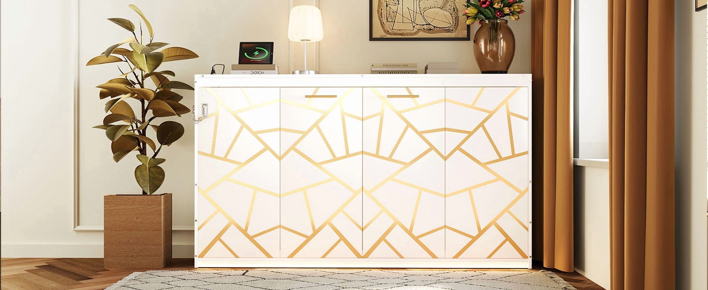 Mintazer Twin Size Murphy Bed with LED Lights & USB Port, Modern Folding Cabinets Bed with Gold Geometric Pattern for Home Office, White