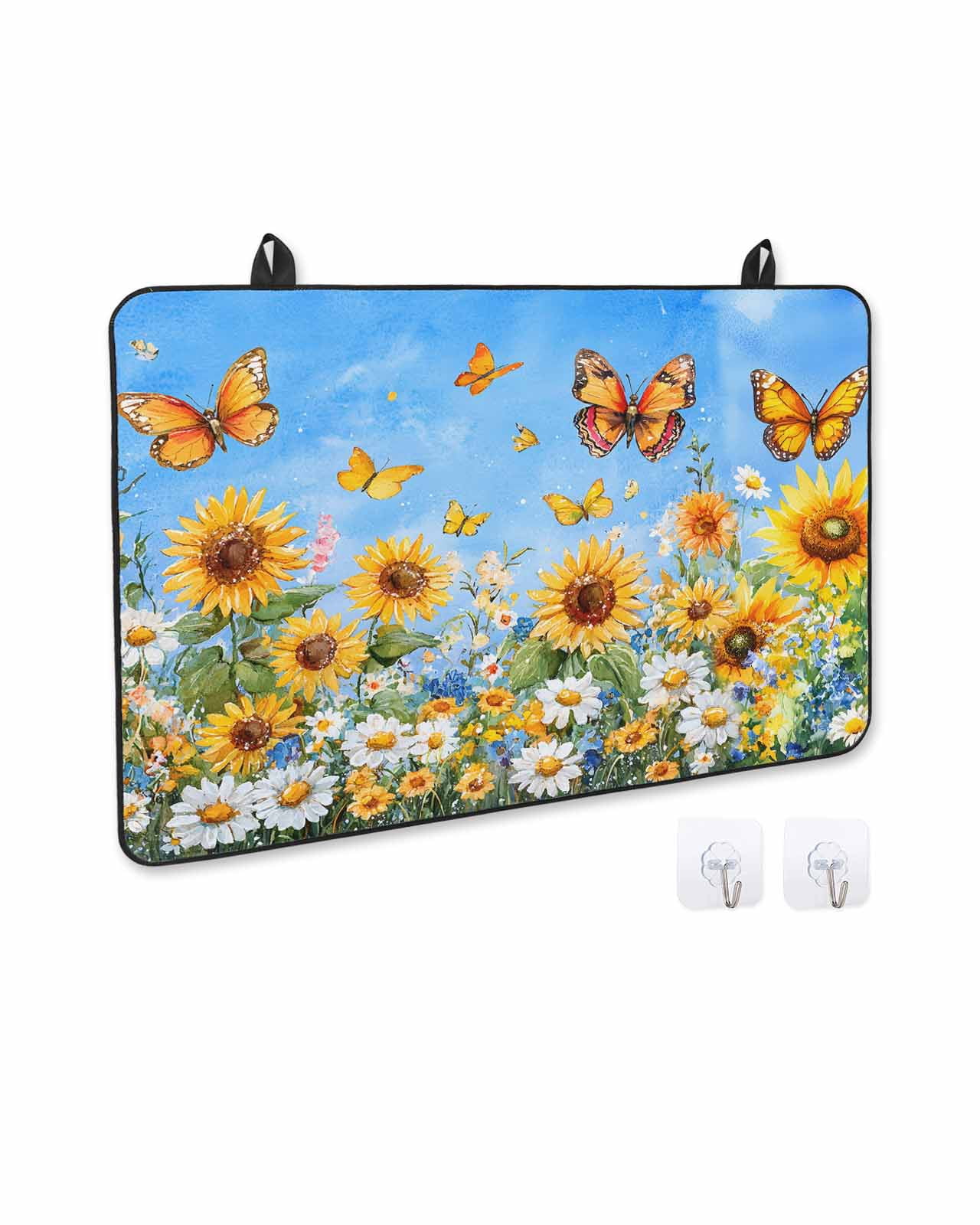 nqOlkjepod Large Induction Cooktop Protector Mat 24"x21", Spring Sunflower Daisy Stove Top Covers for Electric Stove, Yellow Butterfly Retro Oil Painting Stove Burner Cover Mats Stove Cover