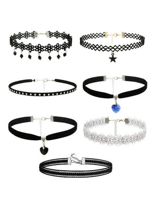 Silver Heart Star Mixed Cord Choker Necklaces - Black, 5 Pack
