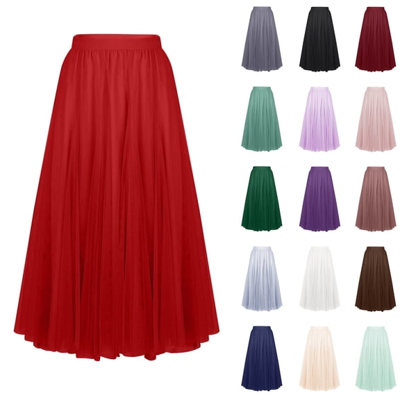 Busydd Womens Maxi Skirt Stylish Elastic Waist Mesh Long Skirts Casual Solid Color Pleated Skirts for Women S
