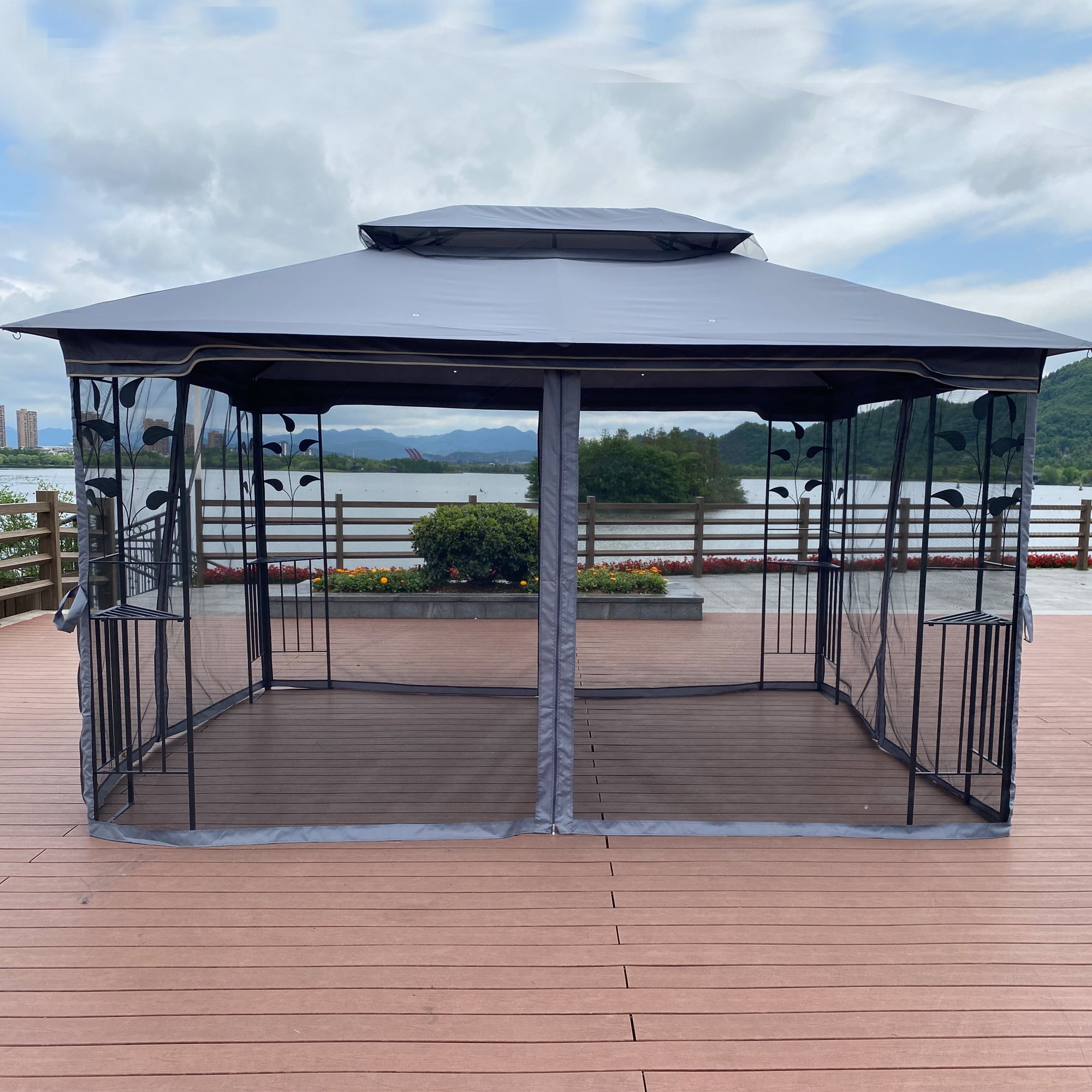 Outdoor Gazebo Tent, 13x10 FT Double Roof Tent with Mosquito Net for Garden Backyard, Gray Top