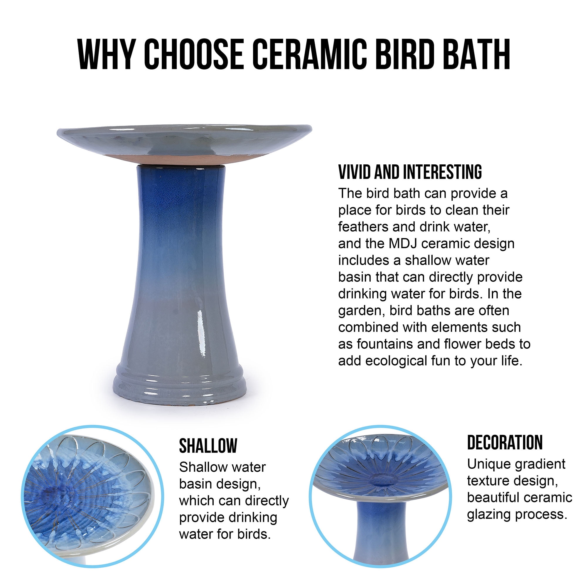 CQSXDA 17" Ceramic Pedestal Birdbath, Blue Gray Ombre Floral Pattern, Outdoor Garden Decor