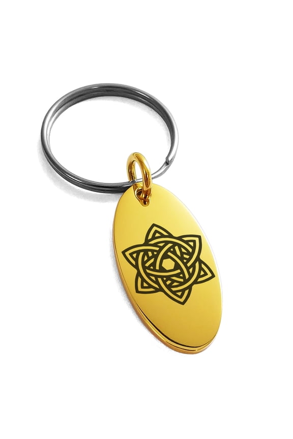 Stainless Steel Celtic Triquetra Eternity Star Knot Engraved Small Oval Charm Keychain Keyring