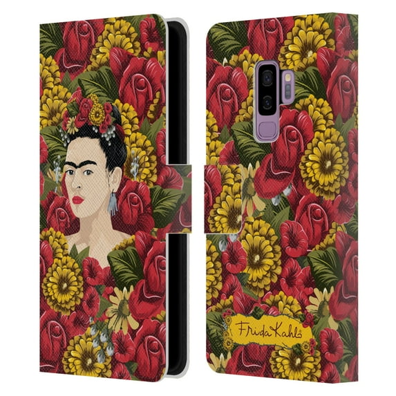 Head Case Designs Officially Licensed Frida Kahlo Red Florals Portrait Pattern Leather Book Wallet Case Cover Compatible with Samsung Galaxy S9+ / S9 Plus