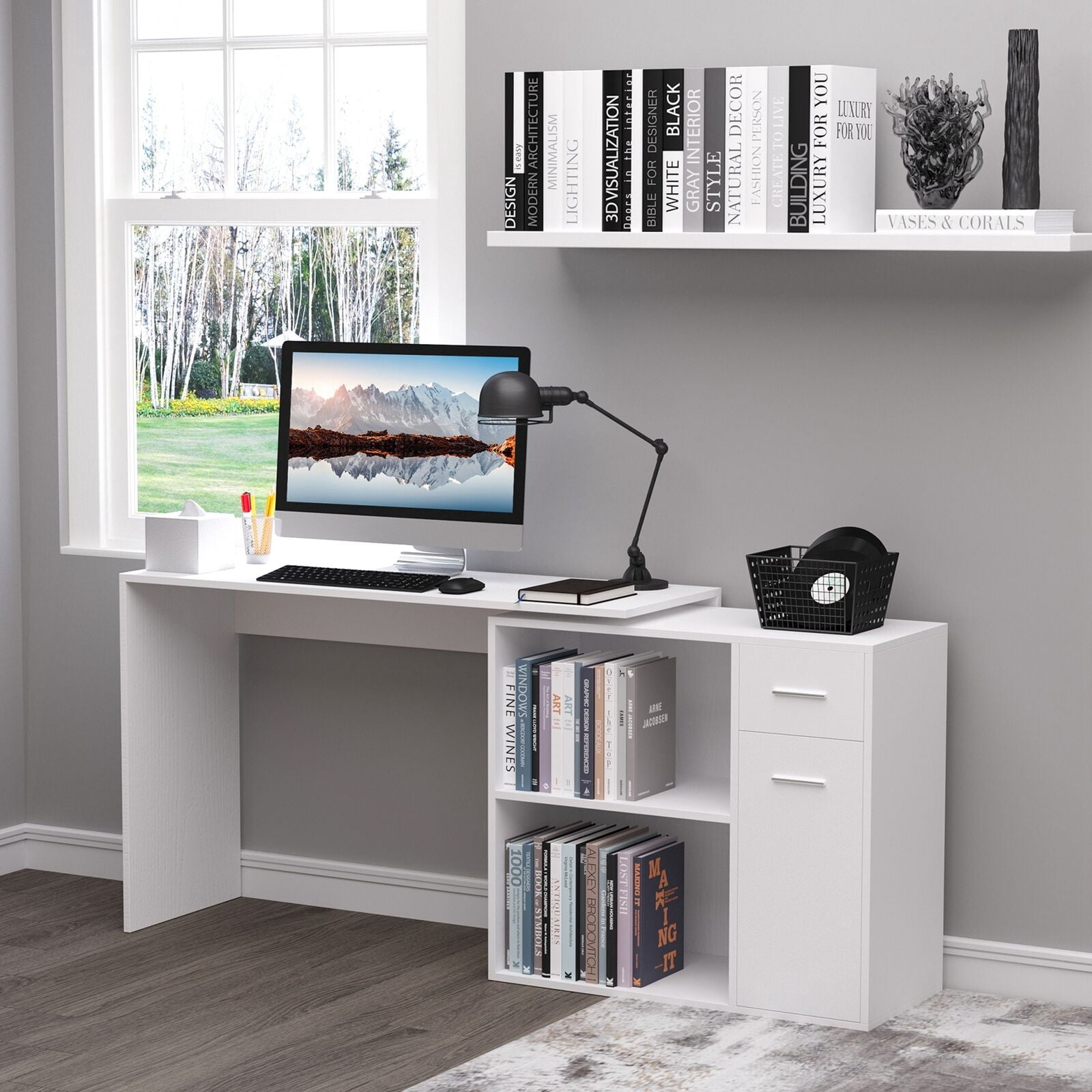 HomCom L Shaped Computer Desk Workstation with Storage Shelves and Cabinet for Home & Office Contemporary Style