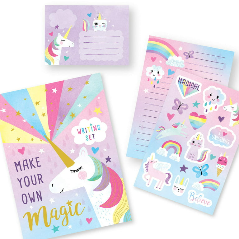 Jewelkeeper Rainbow Unicorn Design Writing Kit with Gold Foil, Girls  Stationery Paper Letter Set, Stickers, Envelope Seals 