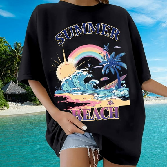 Blouses for Women Short Sleeve Crew Neck Tops Hawaiian Graphic Printed Casual T Shirts Trendy Fashion Outfits Clothes 2025