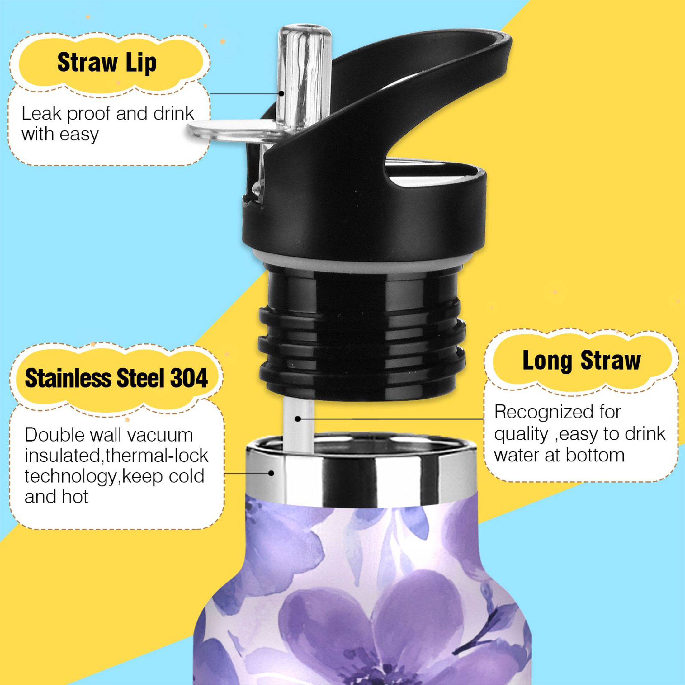 600ML Stainless Steel Insulated Cup Sports Water Bottle Portable Thermos Cup Water Glasses Insulated Tumblers Convenient and Durable Vibrant Purple Flowers