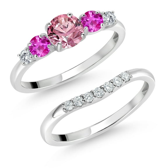Gem Stone King 10K White Gold Pink and White Lab Grown Diamond Pink Sapphire 5 Stone Bridal Engagement Wedding Ring Set for Women (0.87 Cttw, Round: 5MM and 3MM, Size 6)