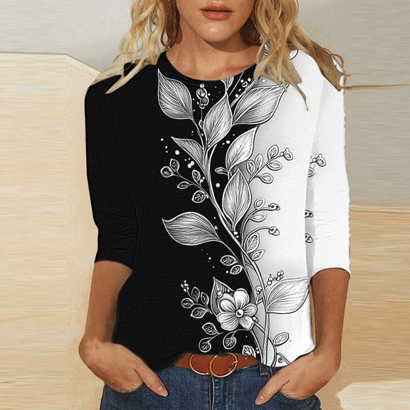Cavosen 3/4 Sleeve Shirts for Women Loose Fit Floral Graphic Print Pullover Blouse Crewneck Casual Dressy Summer Tees Resort Trendy Tops Beach Vacation T-Shirts Workout M