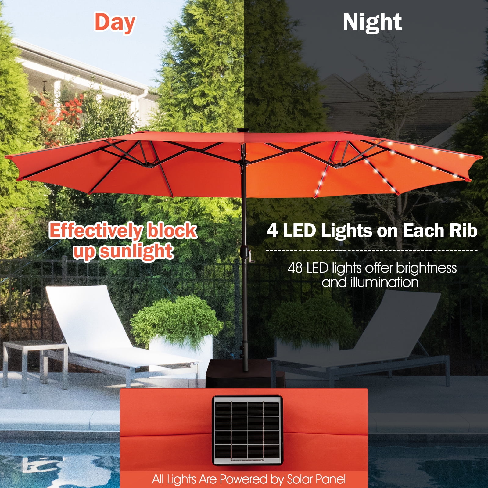 Topbuy 15' Outdoor LED Patio Double-Sided Umbrella w/Base Orange