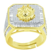 Mens 14K Gold Finish Leo Lion Zodiac Sign Astrology Horoscope Band Baguette & Round Cut Simulated Diamond Ring