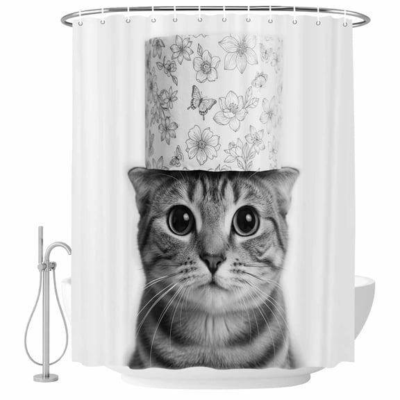 Cute Cat Shower Curtain Set - 48" x 72" Washable Bathtub Curtain with 12 Hooks, Funny Animal Toilet Paper Abstract Art Waterproof Fabric Stall Shower Curtains for Bathroom/Bathtub Décor