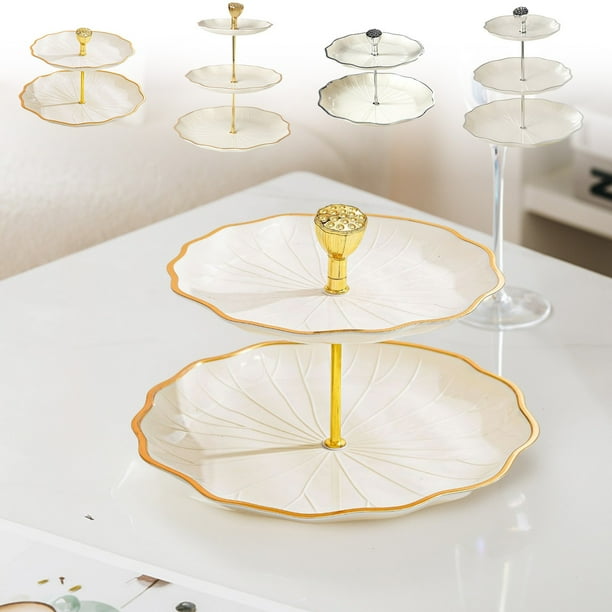 Bandeja de servir de varios niveles, 1 unidad, platos apilables para aperitivos, 27,5 x 25 x 25 cm, soporte de plástico para postres con asas para fiestas en el salón (dorado).