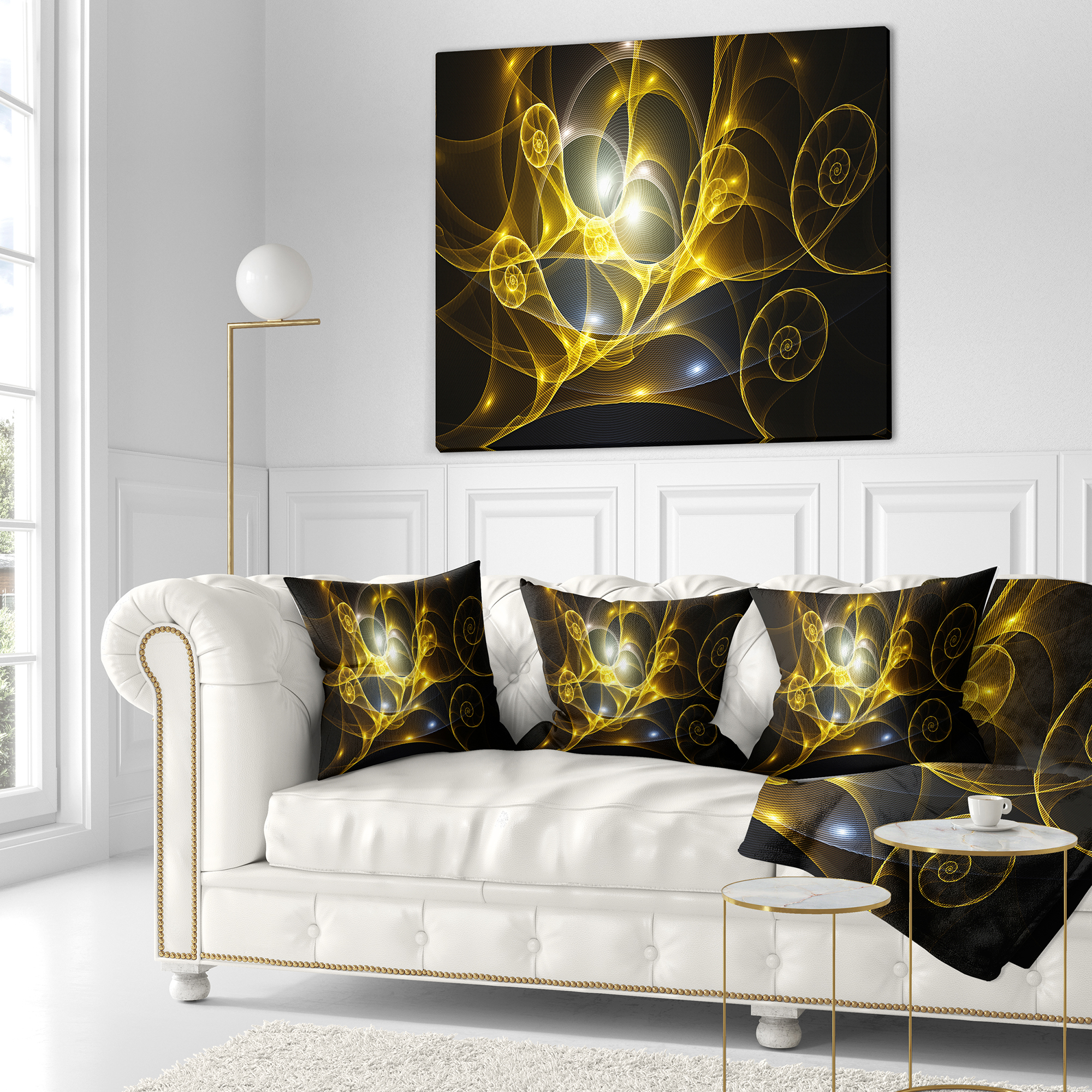 Designart Golden Curly Spiral on Black - Abstract Throw Pillow - 16x16